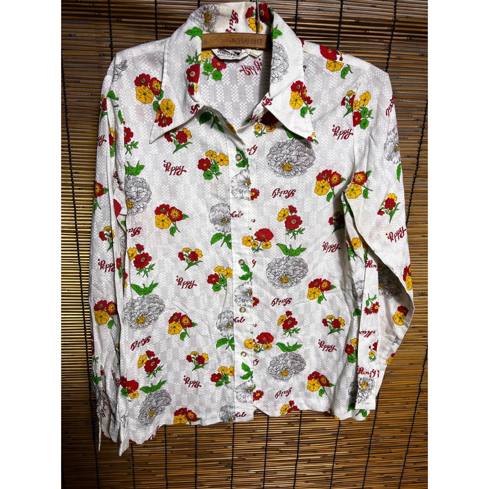 Montgomery Ward Floral Poppy Daisy Shirt 70s Disco Collar White Size 36